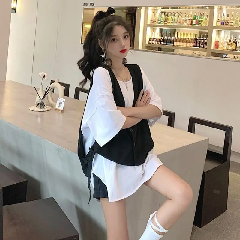 

Summer New Hot Sale O-neck Basics All-match Casual Loose Short SleeveT Shirts +Vestidos Two-Piece Korea Trend Women Clothing