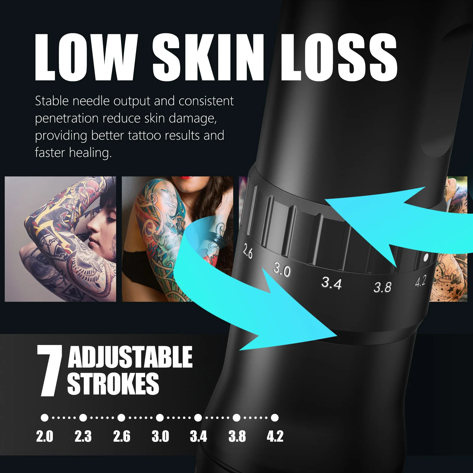 T-Rex wireless tattoo machine, rotary tattoo pen can be adjusted to 7 lengths of 2.0-4.2 mm, suitable for all kinds of tattoos