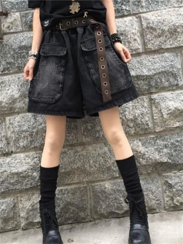 คาวบอยกางเกงขาสั้นขากว้างผู้หญิง Elastic High เอวหลวมกางเกงขาสั้นขากว้าง DENIM ฤดูร้อนหลวมบางกระเป๋ากางเกงป่า