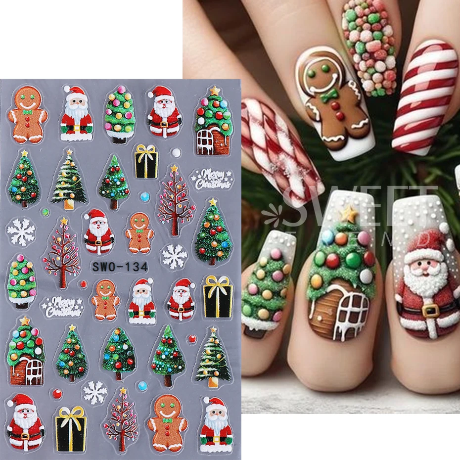 5 pz/set Adesivi Per Unghie Di Natale Babbo Natale Fiocchi di Neve Pupazzo di Neve Arco In Rilievo Decalcomanie Per Unghie Inverno Capodanno Manicure Decor Slider