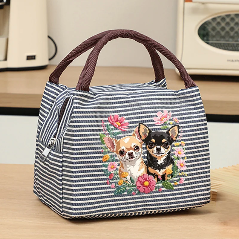 Fresh Floral Chihuahua Print Striped Tote Bag Smooth Metal Zipper and Structured Bag Shape. Suitable for Commuting Tote Bag