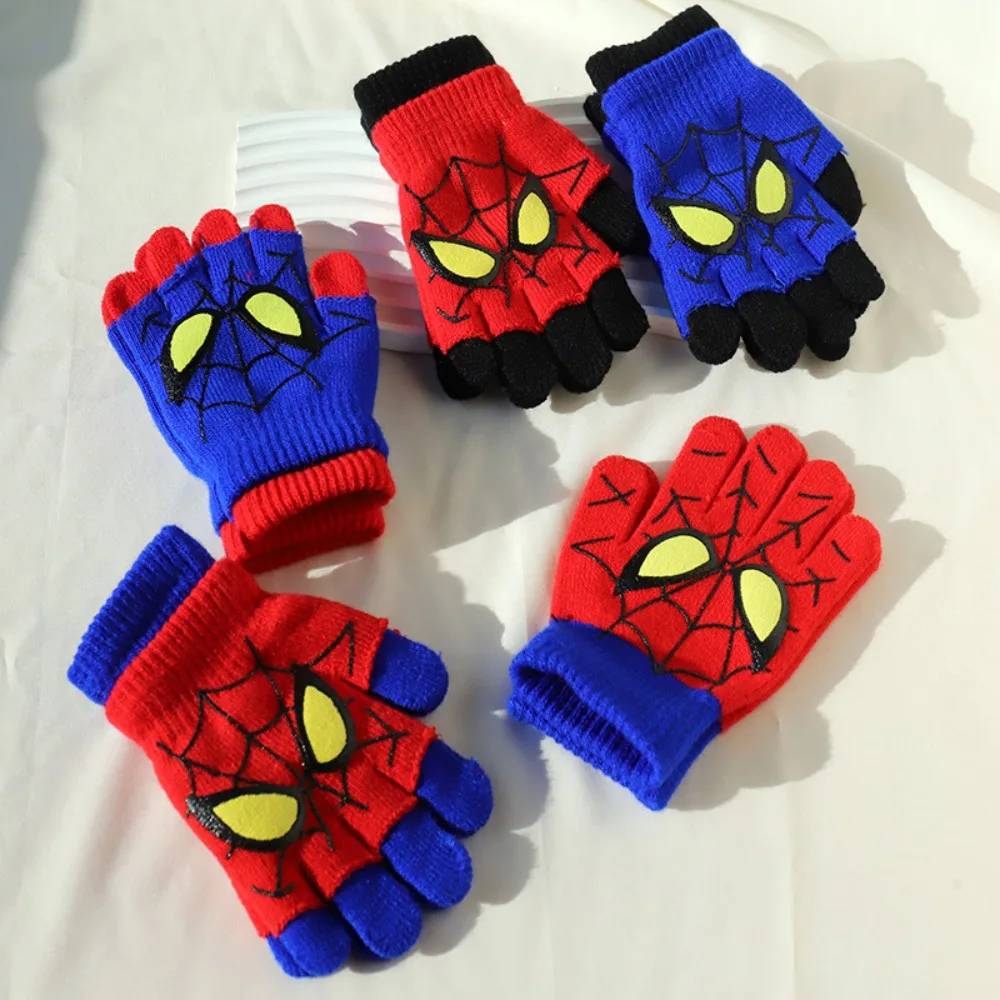 Marvel Spider-Man Kids Gloves Winter Warm Knitted Half Finger Gloves Boys Cartoon Hero Mitten for 6-12 Years Old School Children