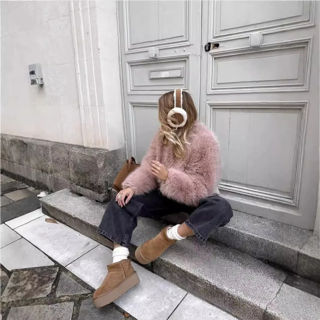 Kurtka damska zimowa z imitacji futra, okrągły dekolt, krótka kurtka z imitacji futra norek, kurtka z długim włosiem ze sztucznego futra dla kobiet.