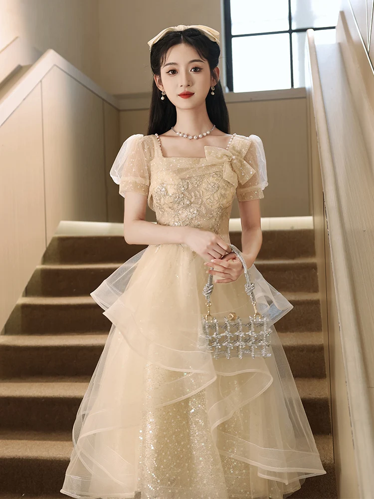 

Champagne Color Small Evening Gown Women's 2025 New High End Luxury Princ Sle Adult Ceremony ort Sve Midi Dr