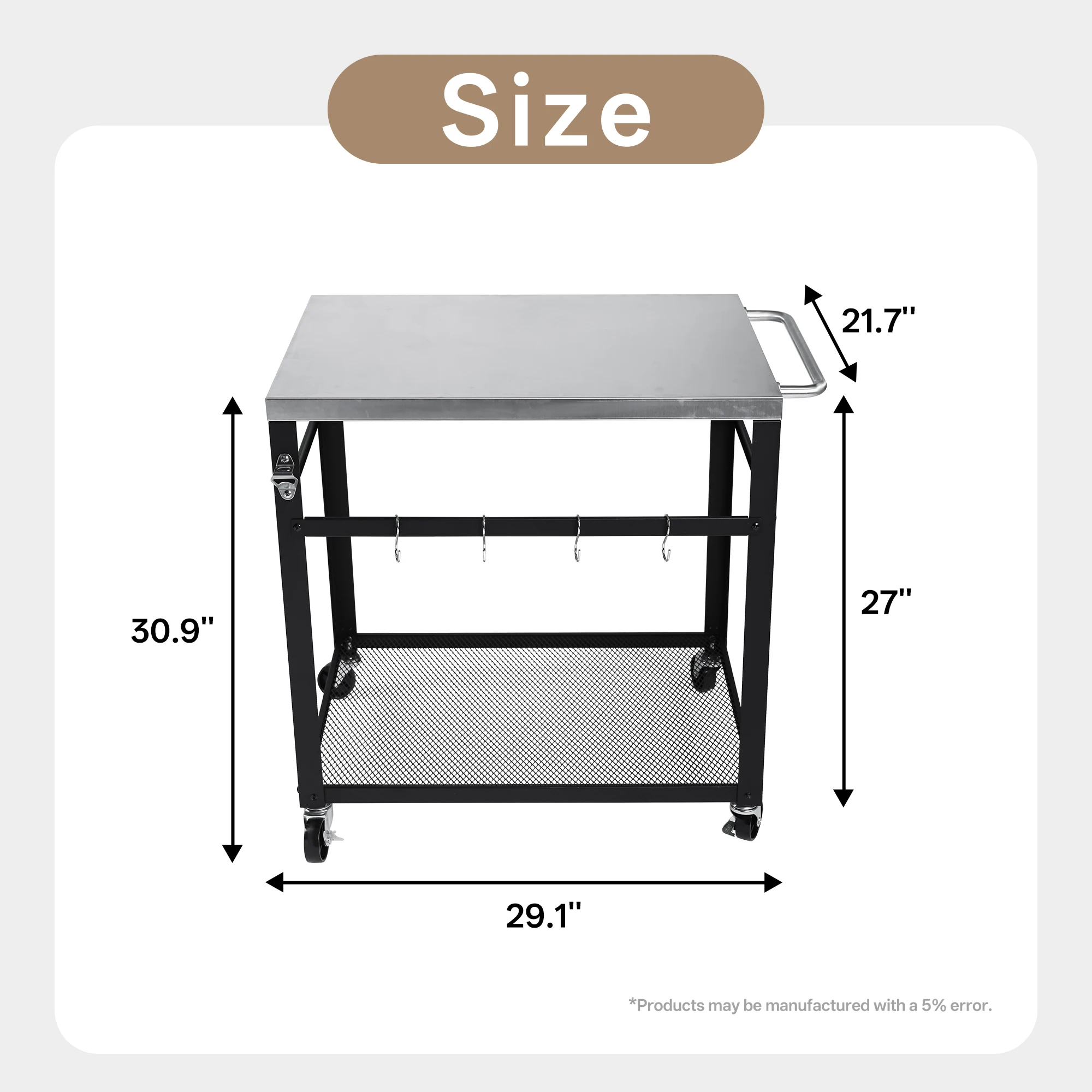 2-Tier Outdoor BBQ Prep Cart with Stainless Steel Mesh Shelf Lockable Wheels Bottle Opener Hooks - Mobile Utility Grill Cart