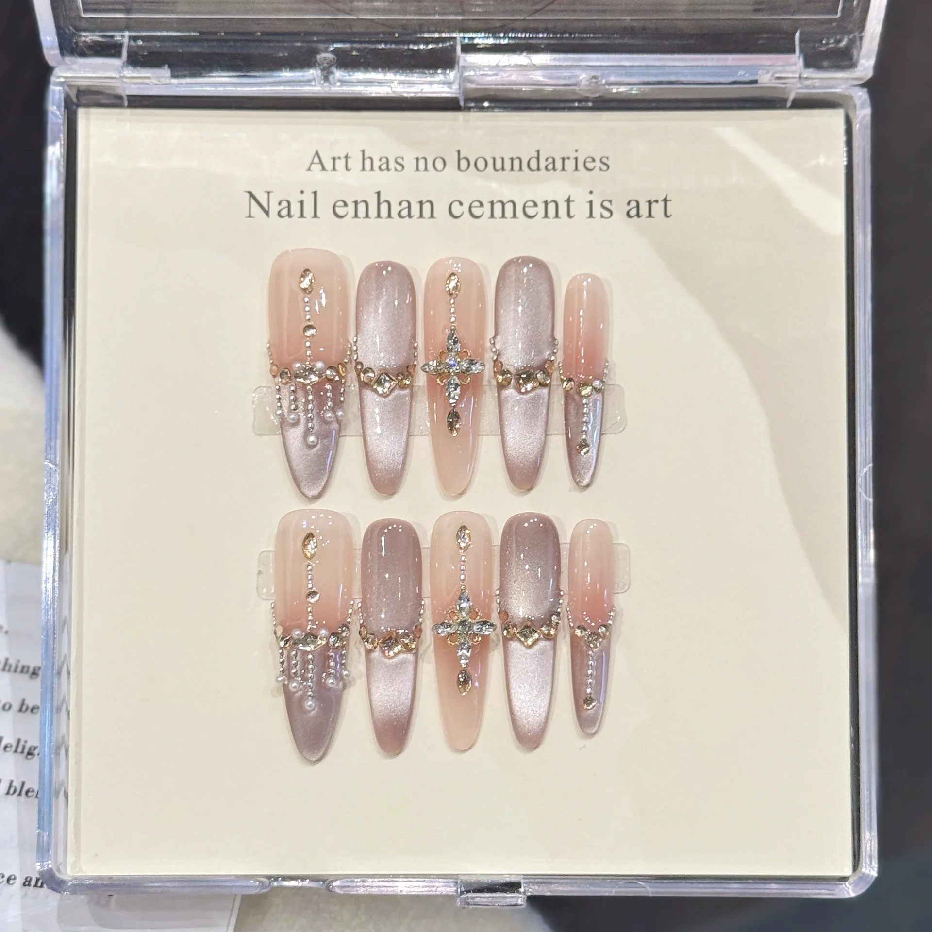 

10 PCS Luxury Handmade Press on Nails Long Drop Gaoding cat's eye Design with 3-PIECE Tool Adhesive Nail Glue Tabs