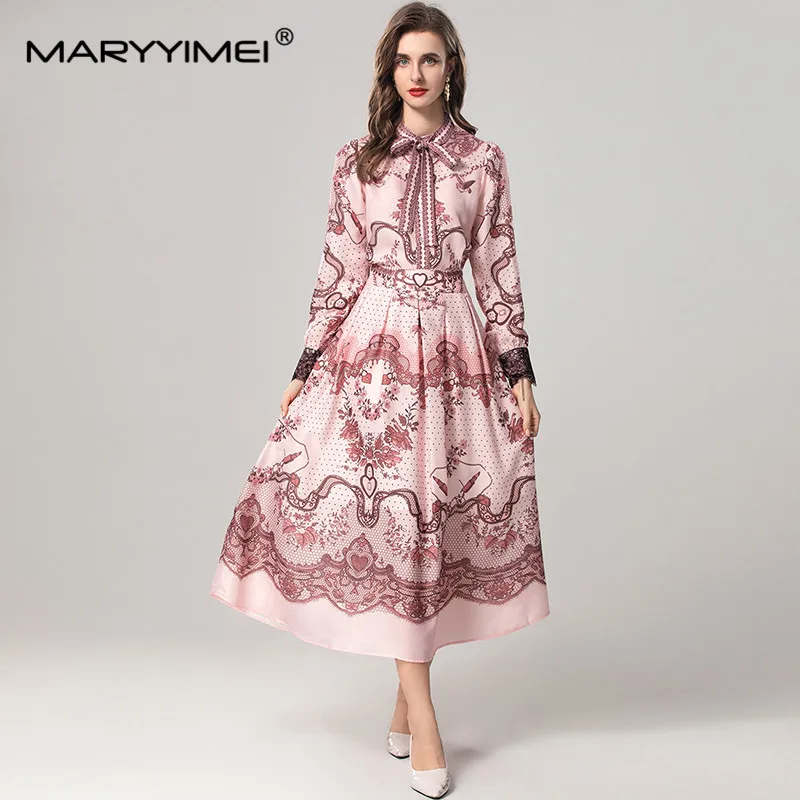 MARYYIMEI Autumn and Winter Women's Suit Scarf Collar Long-Sleeved Single-Breasted Tops+Casual Skirt Vintage Print 2 piece set