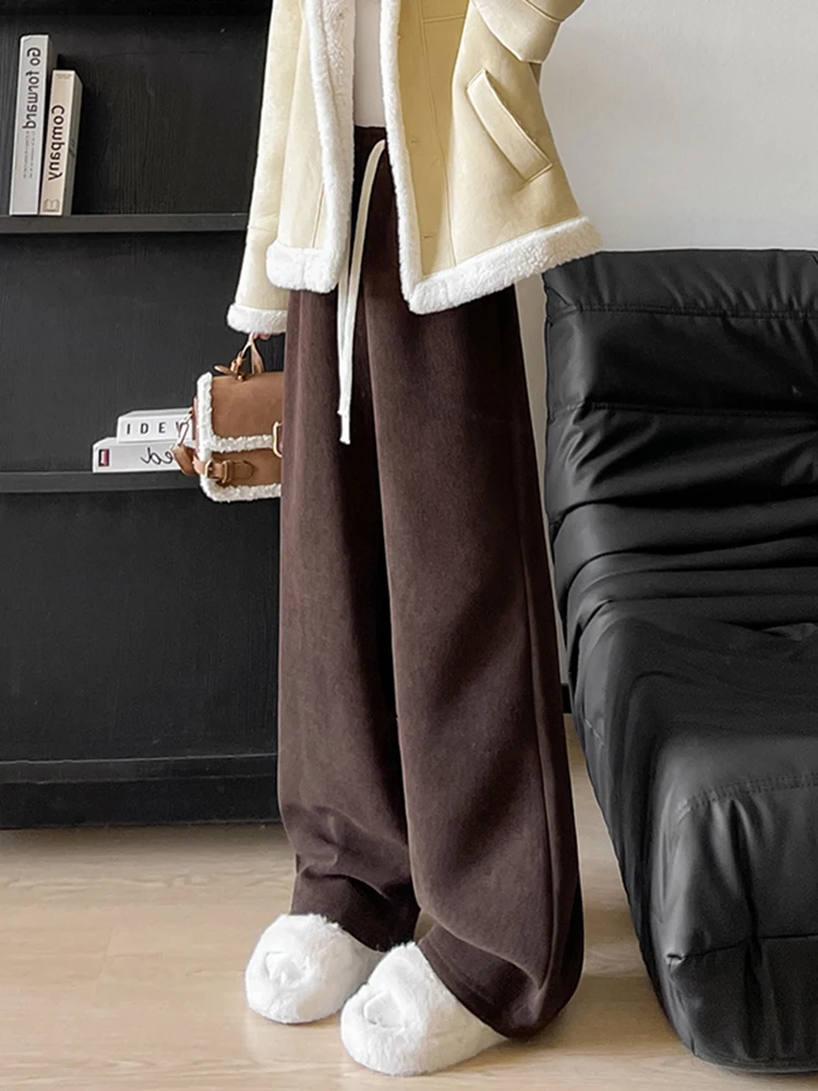 하이웨이스트 와이드 레그 팬츠 여성용 안감 있는 드레이프 루즈 캐주얼 롱 트라우저 가을 겨울 신상 슬림핏 따뜻한 팬츠