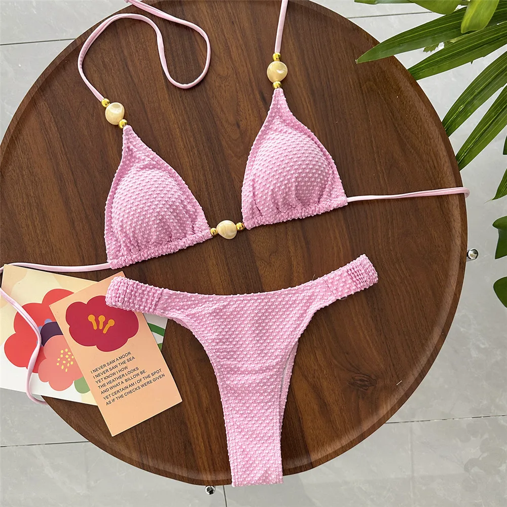 

Sexy Pink Bead String Halter Triangle Bikinis Sets Swimwear Women Micro Thong Swimsuit 2026 Bathing Suits Bikini Femmes Biquinis