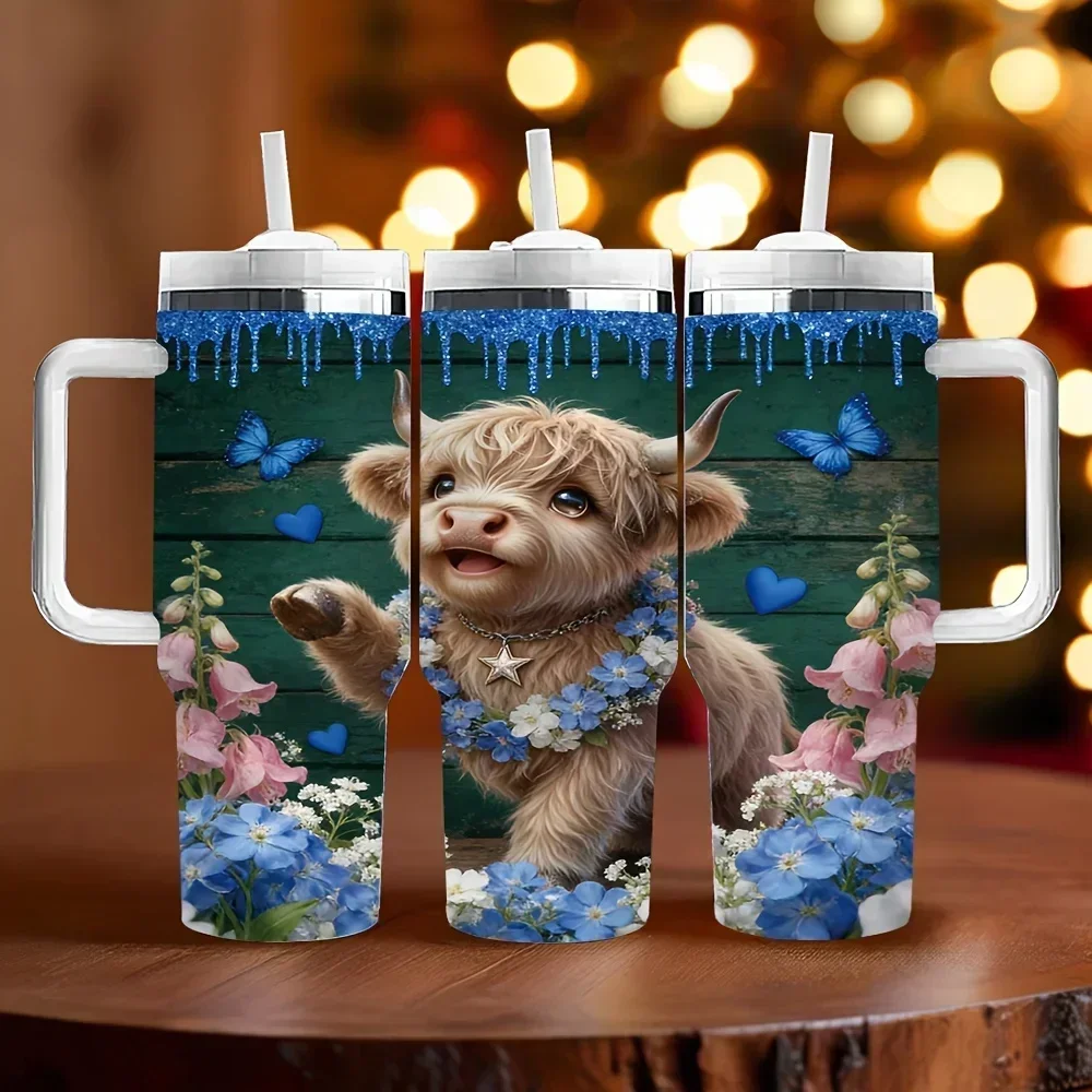 40oz Insulated Tumbler with Handle, Cute Highland Cow Flower Butterfly Print, Ideal Holiday Birthday Gift, Suitable for Daily Use And Outdoor Activities