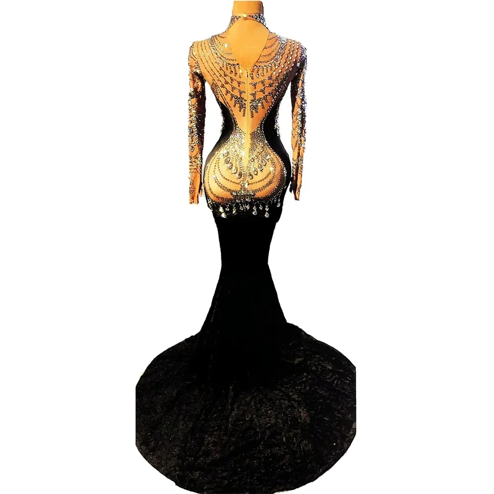Glänzende Kristall Strass Elegante Kleid Für Frauen Lange Schwarz Schwan Samt Schleppende Sexy Abend Ballsaal Kleidung Bühne Kostüm