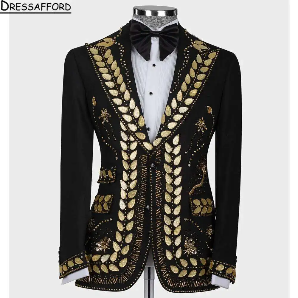 Luxury 3 Pieces Set Men's Suits Beaded Crystals Notched Lapel Formal Party Prom Tuxedo Wedding Groom