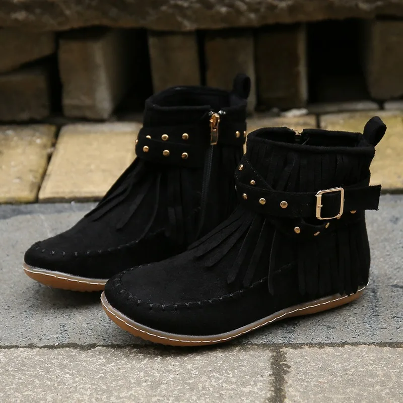 Botines Autumn Women Shoes Flat Heel Ankle Boots Retro Suede Tassel Women Boots Fashion Round Toe Soft Sole Short Boots Casual