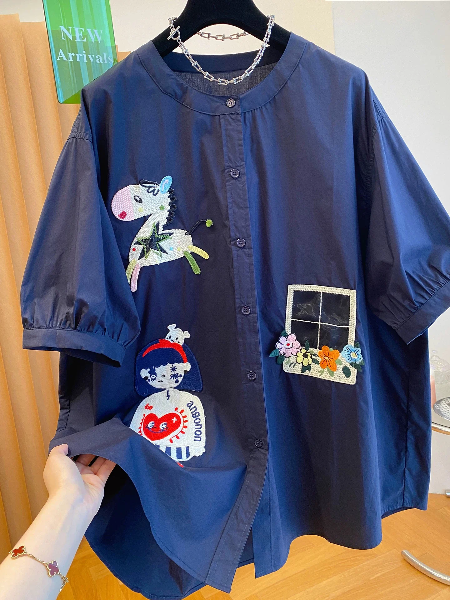 

plus Size Women's Short Sleeve Embroidered Shirt Loose Fit Casual Style Summer Top for Heavy Girls 300 Pounds Korean Cartoon