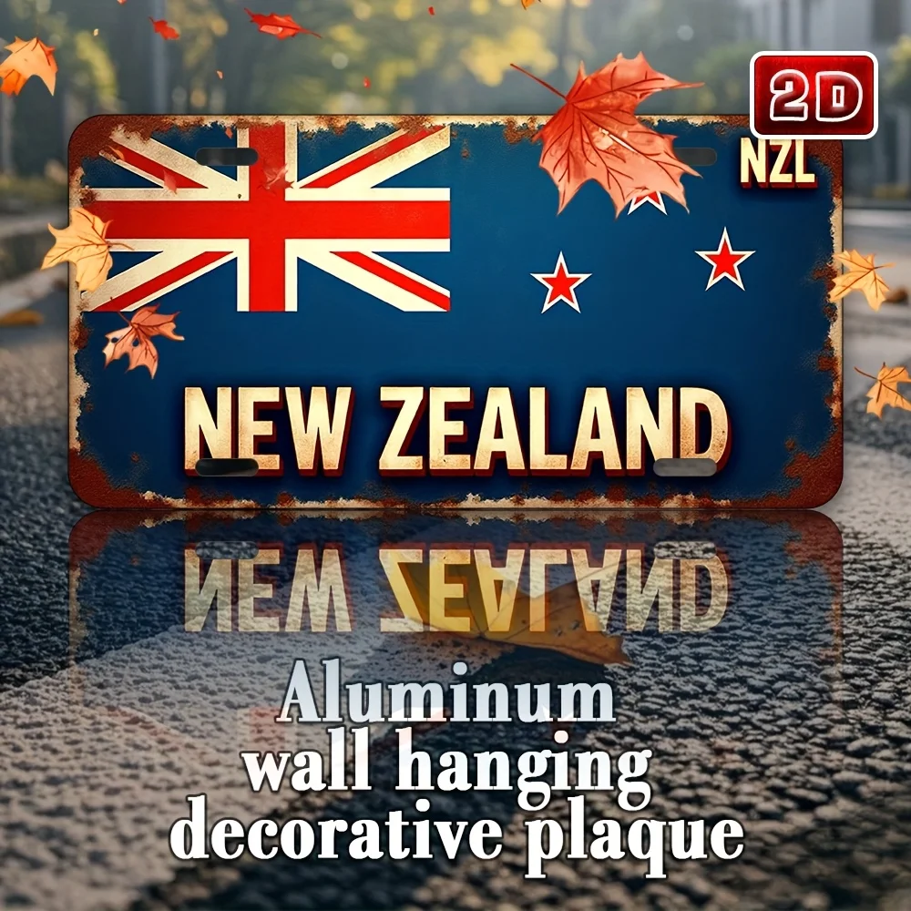 2D Flat, 2D Flat 1pc New Zealand Wall Sign - UV Printed Metal Decoration with Union Jack and Autumn Leaves, 11.81x5.9 Inches, In