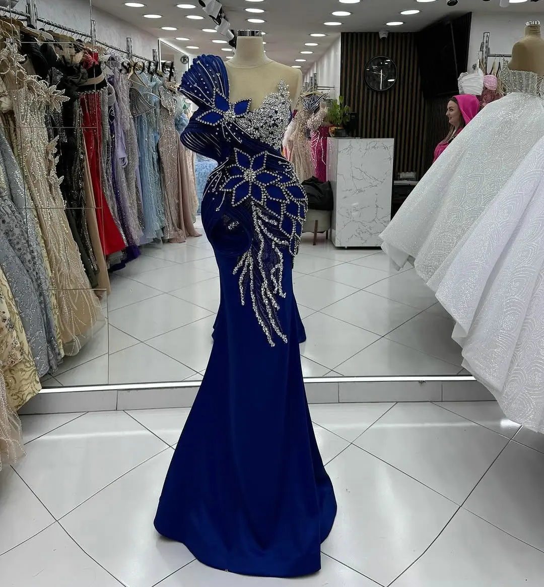 

Королевские синие атласные платья русалки для выпускного вечера с кристаллами и бисером Вечерние длинные вечерние платья Элегантная одежда для свадебных гостей по индивидуальному заказу