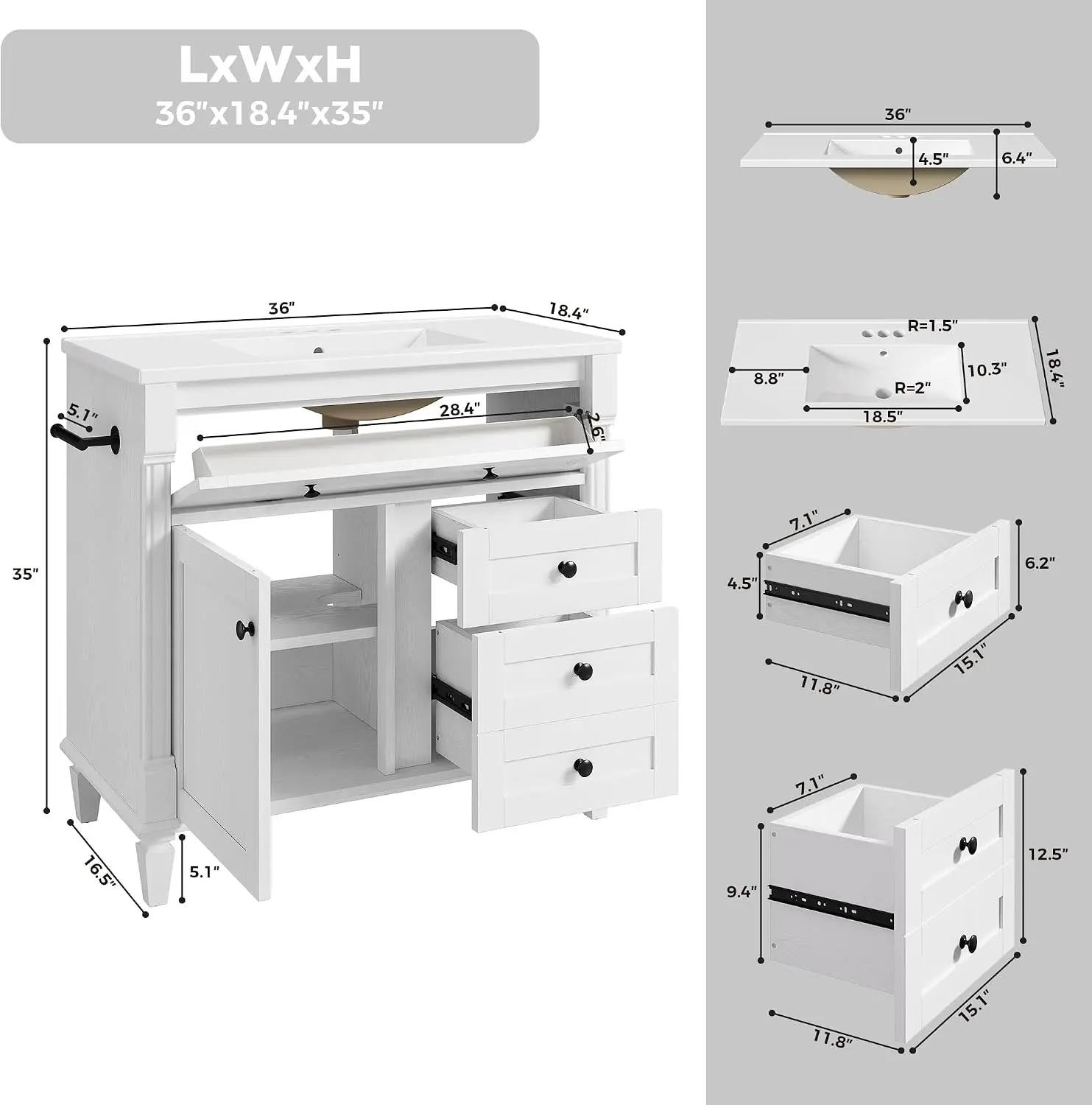36 Inch Bathroom Vanity with Sink, Adjustable Solid Wood Legs | Modern Bathroom Storage Cabinet with Towel Holder, Tip-Out