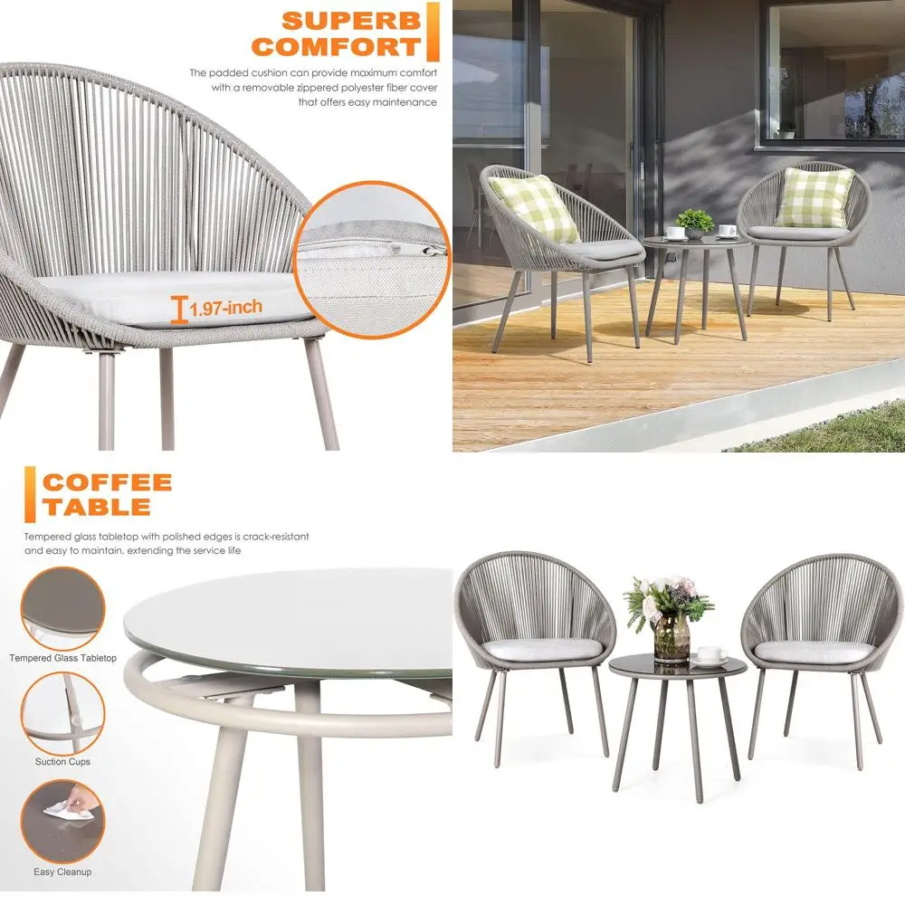 

All-Weather Wicker Outdoor Bistro Set with Cushions for Patio, Garden, or Balcony in Beige