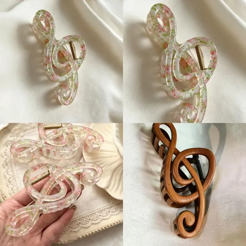 Spring Music Pink Floral Music Note Hair Clip Sweet French Style Large Shark Claw Disc Hair Accessories for Women Fashion
