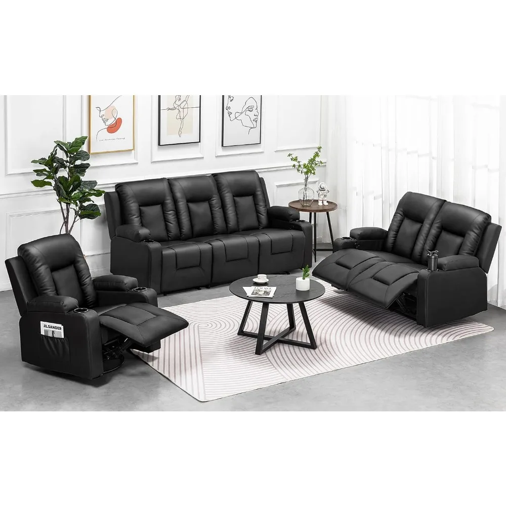 

Recline Chair Set，Furniture 3PC Bonded Leather Recliner Set Living Room Set, Sofa, Recline Chair with massger.