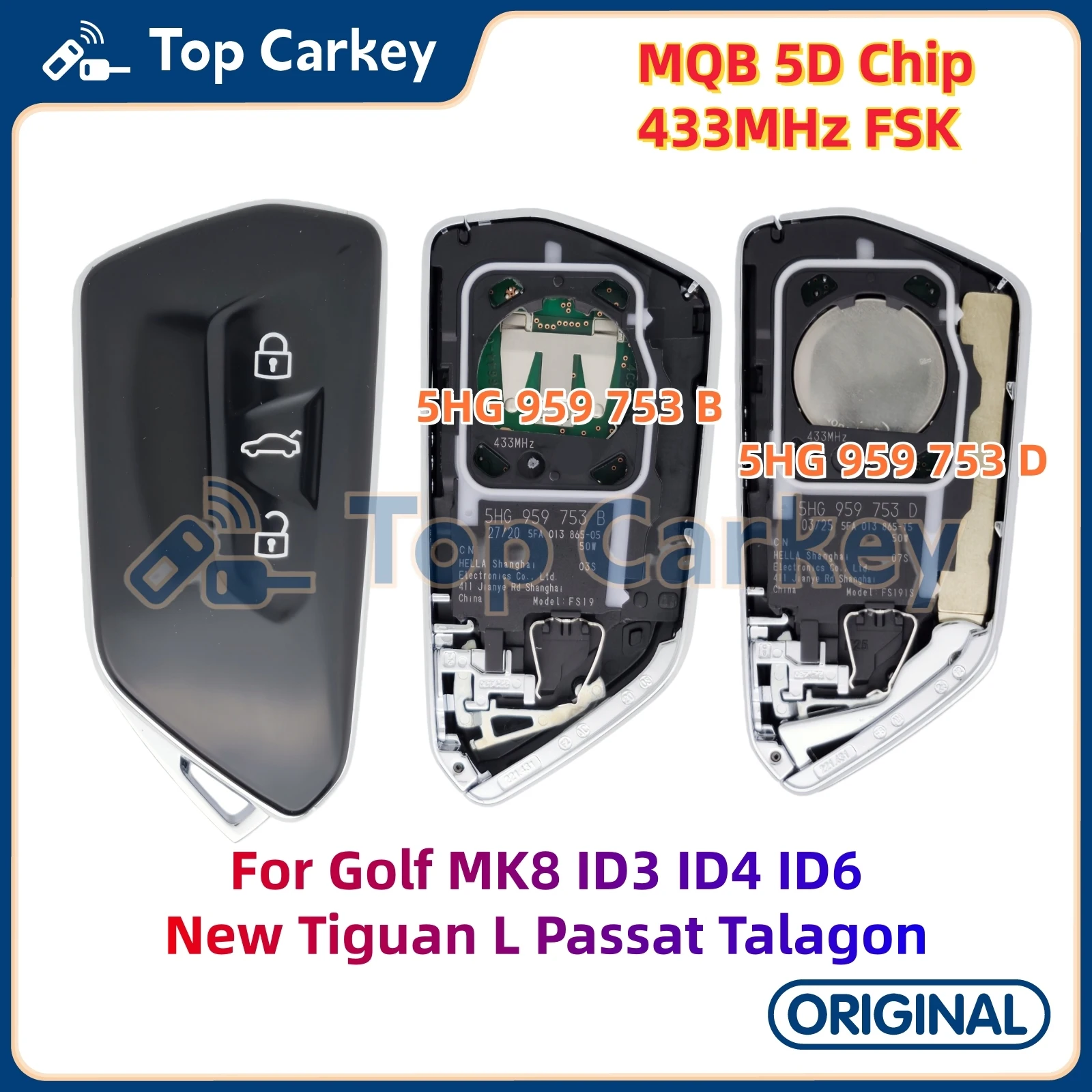 

TopCarkey 5HG 959 753 753B 753D Original Smart Key 5D Chip 433MHz for MQBevo Golf 8 Tiguan Passat Talagon MEB ID3 ID4 ID6