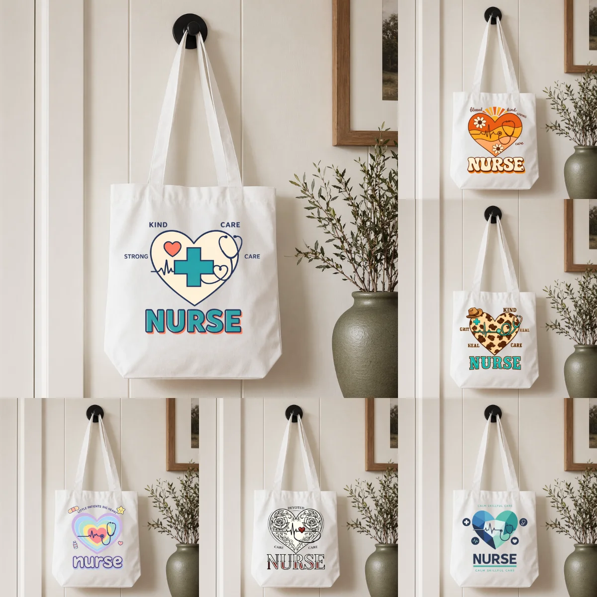 

1 Pack 35×38.5cm Durable Canvas Tote Bag, Retro Nurse Healthcare Print Shoulder Bag, Eco-friendly Reusable Work & Daily Bag