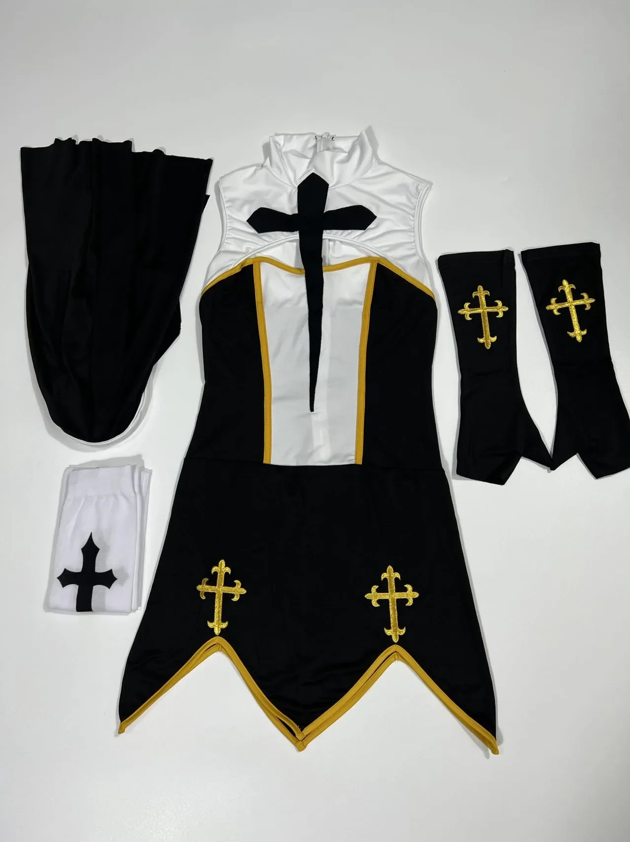 S-XXXL Women Sexy Nun Costumes Dress With Stocking Headpiece Gloves for Adult Cosplay Halloween Fancy Dress Up