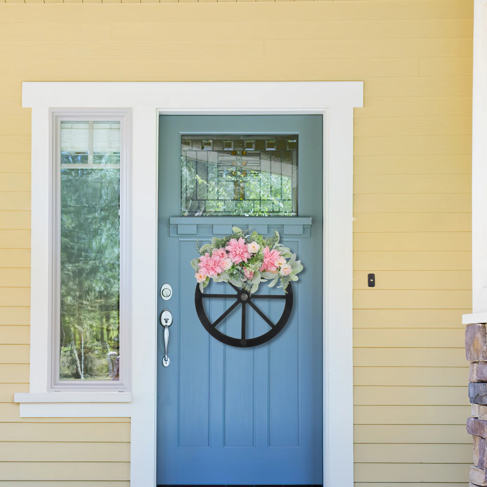 

Spring Artificial Wood Wheel Wreath Realistic Leaf Front Door Wall Hanging Decoration Greenery Garland Photo Prop