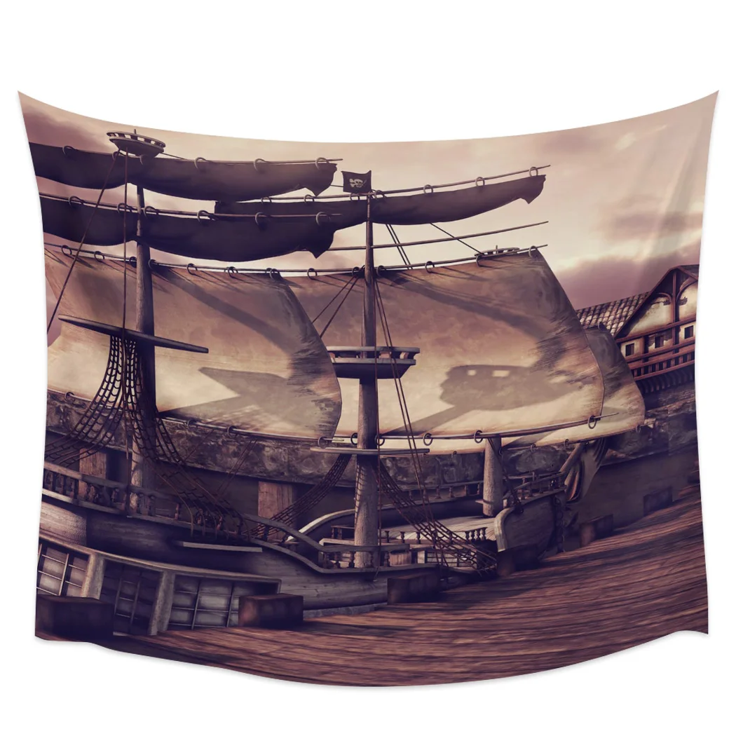 Pier Wooden Board Sailboat Retro Hippie Tapestry Fabric Wall Hanging Beach Room Decor Cloth Carpet Yoga Mats Sheet Sofa Blanket