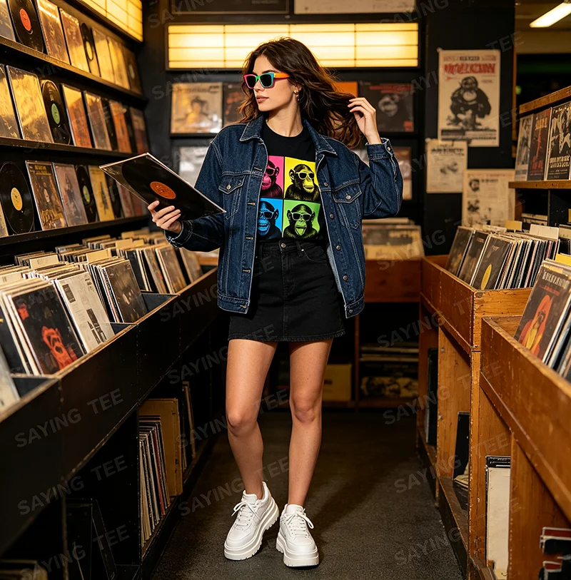 Lustiges Schimpansen-Fotokabinen-Pop-Art-T-Shirt mit Affengesichtern, Y2K-Affen-Selfie-Ästhetik-Kleidung, personalisierte Kleidung für Primaten-Fans – Detail 5