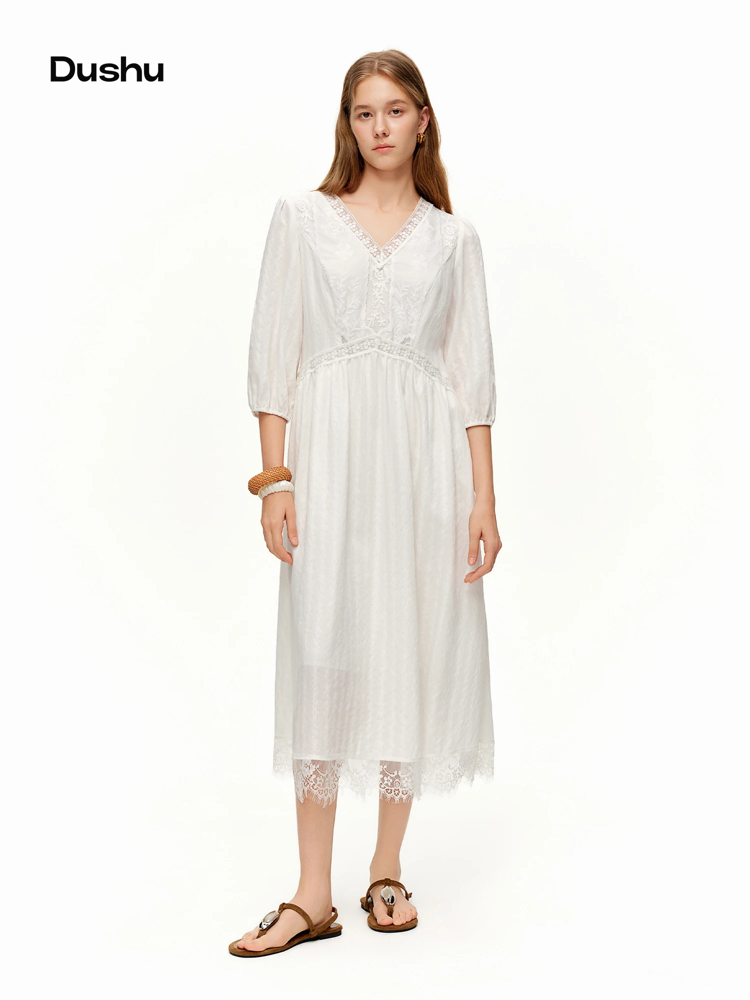 DUSHU 2026 Spring Women's Lace Panel V-Neck A-Line Dress - Flattering Slim Fit Office Commute Mid-Length Elegant Dress