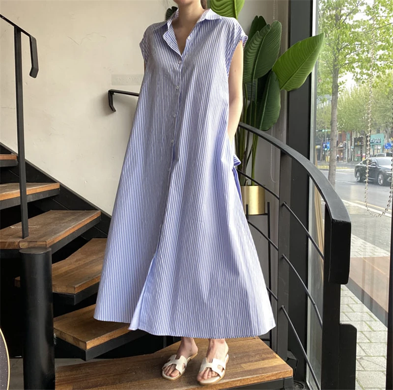 Damen Sommerkleid, neu, gestreift, mit Bindegürtel, schmal geschnitten, ärmellos, Midikleid, lässig, elegant, für Büro und Freizeit, mit Taschen, DR1970 – Detail 19