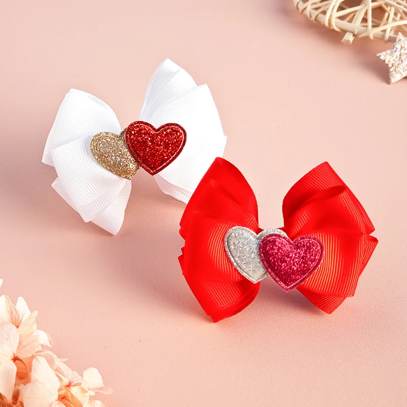 10pcs Glitter Love Heart Bow Hair Clips Bowknot Hairpins Fashion Valentine's Day Headwear Boutique Hair Accessories for Girls