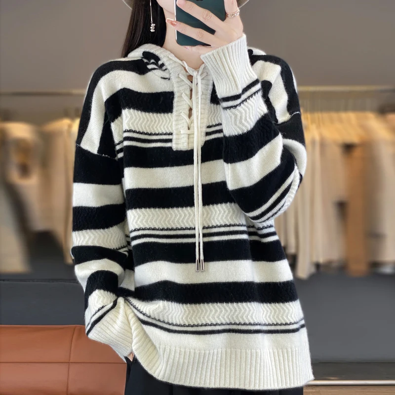 Women's Striped Color Matching Hooded Sweater, Long-Sleeved Pullover, Loose Top, 100% Pure Wool, Fall, Winter Fashion