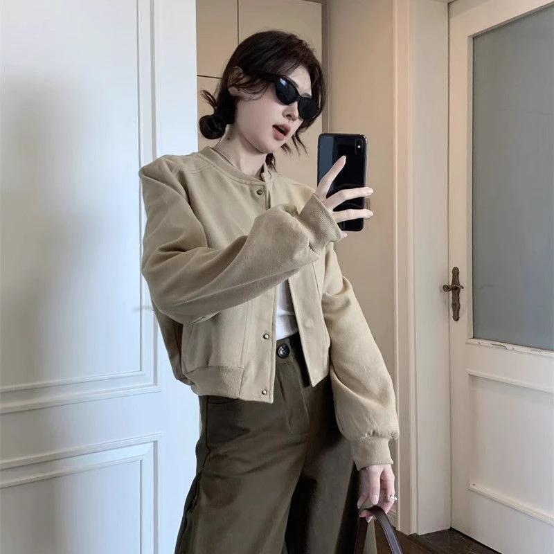 Women's Khaki Wool Blend Baseball Short Coat Spring 2025 Casual  Style Cropped With High End Look