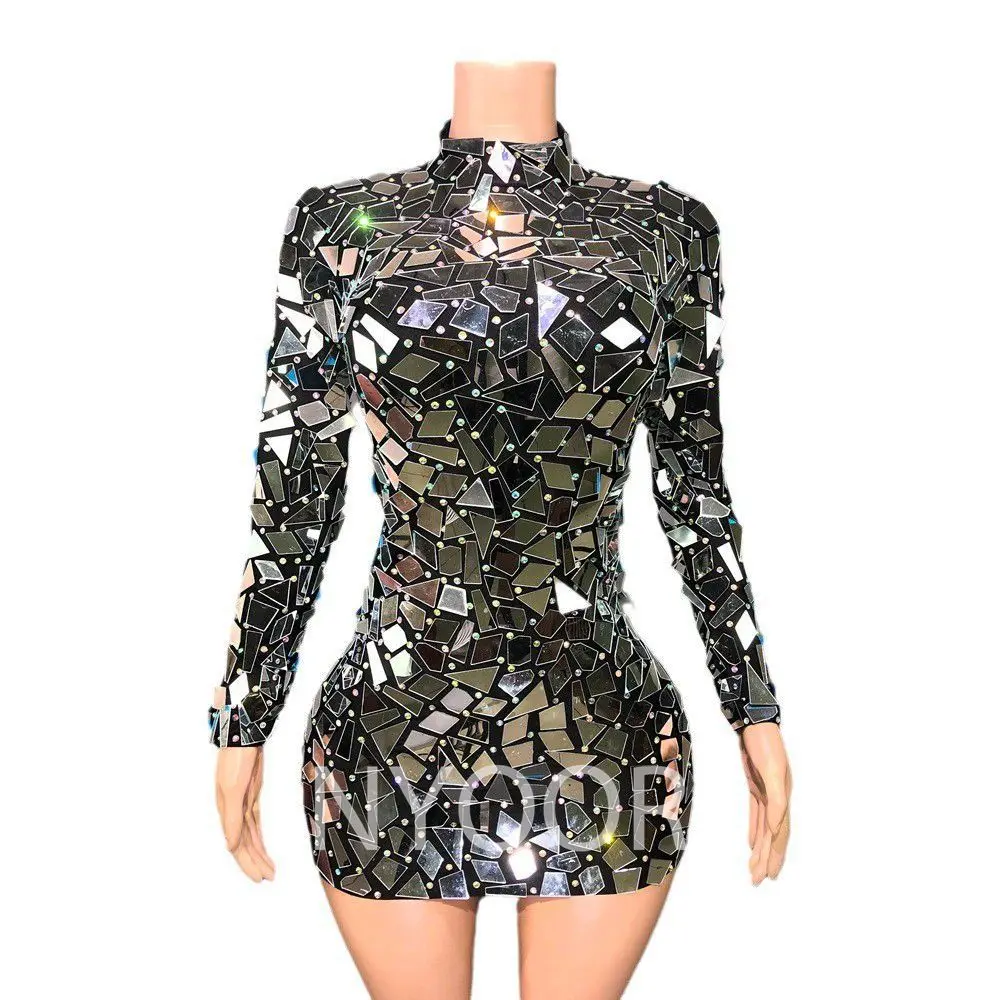 Lenses Rhinestones Shiny Reflective Cool Spicy Personality Skinny Party Dance Suit Buttocks Women Elegant Dress Luxury For Event