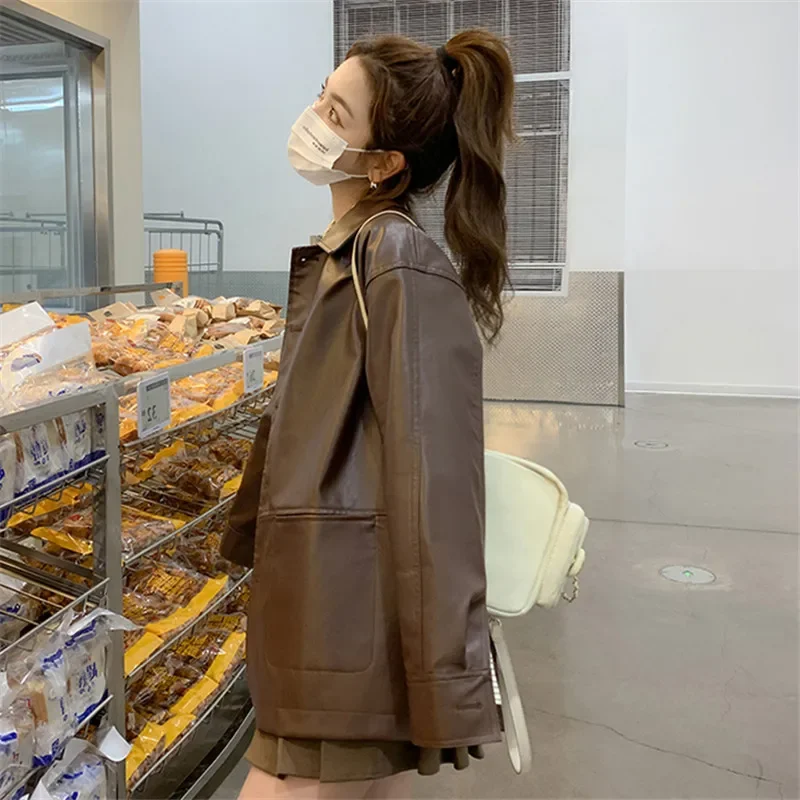 Korean Vintage Brown Faux Leather Coat Women Loose Casual Lapel Single-Breasted Long Sleeve Spring Autumn Female Pu Biker Jacket
