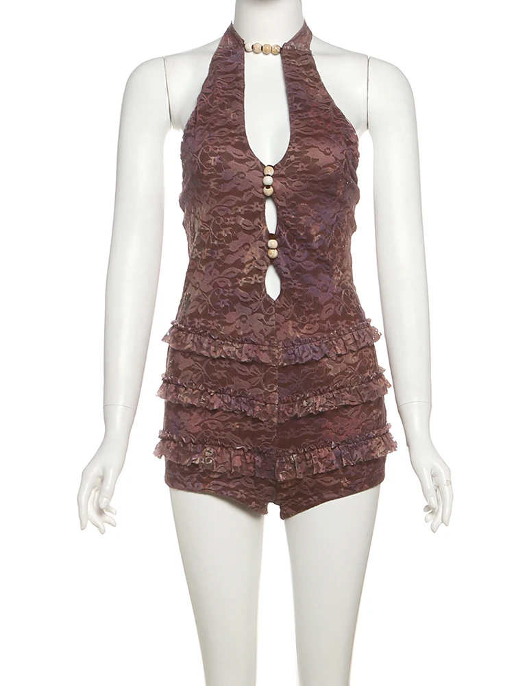 Kliou комбинезоны с рюшами, женские летние винтажные новые комбинезоны с лямкой на шее и глубоким вырезом на спине, женские потрясающие комбинезоны с принтом, клубная одежда