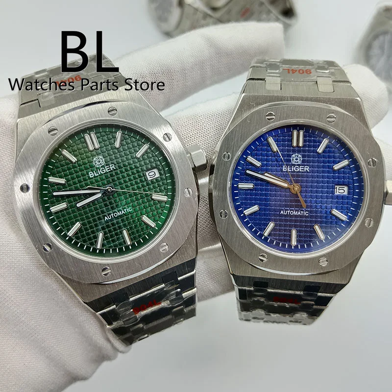 BLIGER 41mm Watch For Men NH35 Movement Octagon Steel Square Case Blue Green Silver Dial Luminous Hands Flat Sapphire Glass Date