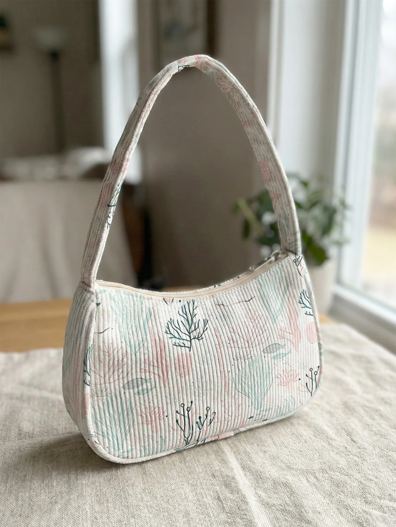 Trendy Coral Print Shoulder Bag, Corduroy Underarm Bag for Daily Casual Use
