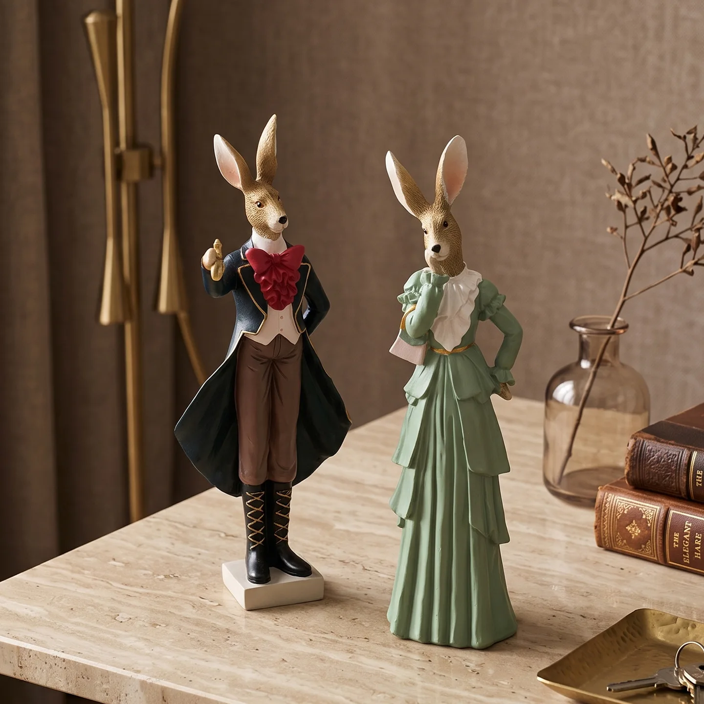 Nordic Rabbit Couple Resin Figurine Vintage Victorian Style Statue Home Living Room Decor Ornament Wedding Valentine's Day Gift