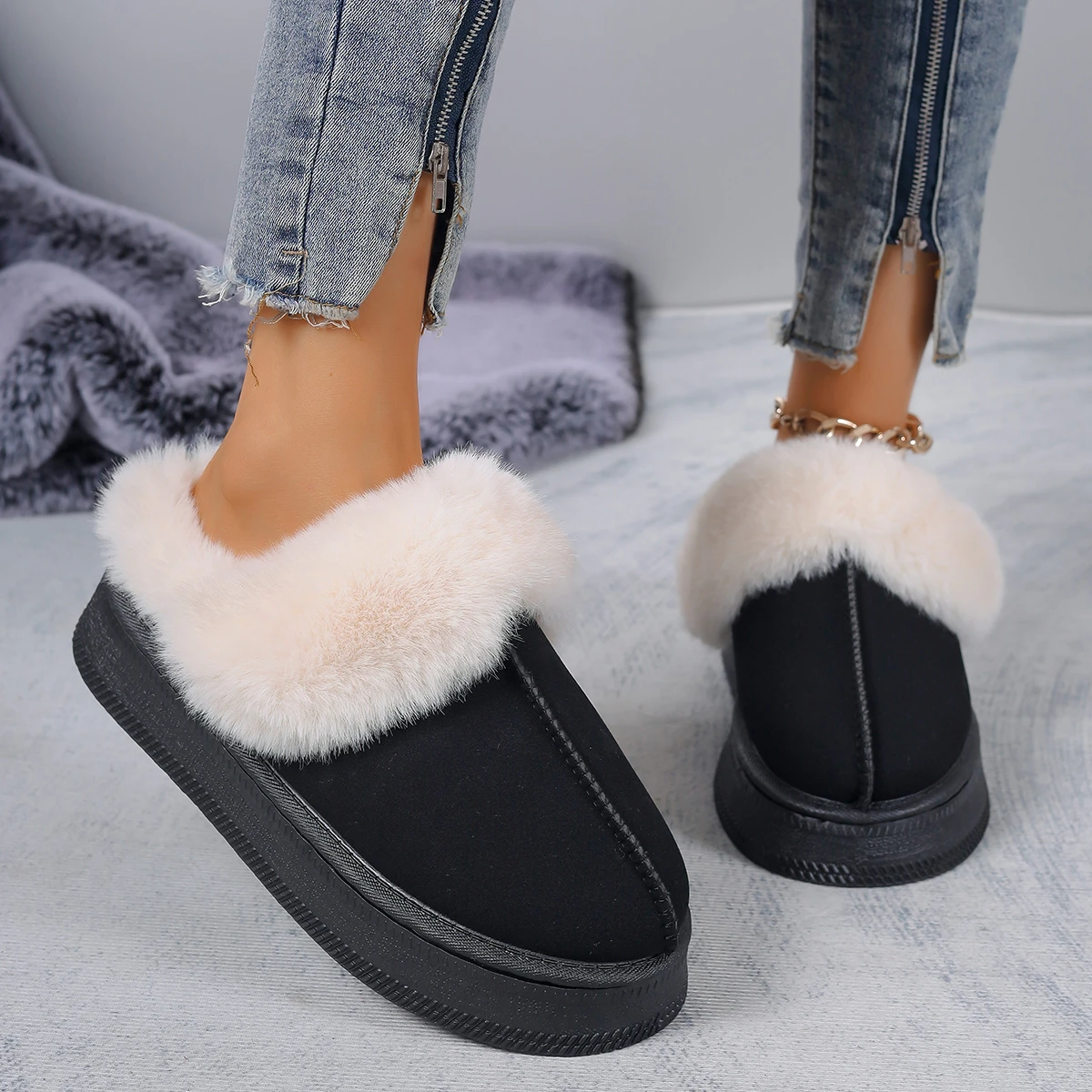 

Winter Plush Cotton Slippers Women Flats Shoes New Platform Casual Home Suede Fur Warm Slingback Flip Flops