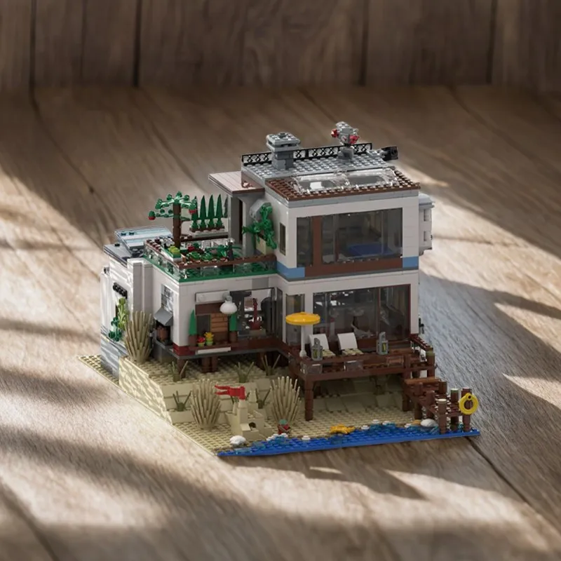 1863 PCS MOC Strandhaus auf der Düne Küstenurlaub Zuhause Meer Villa Modell DIY Modell Bausteine Geburtstag Spielzeug Geschenk