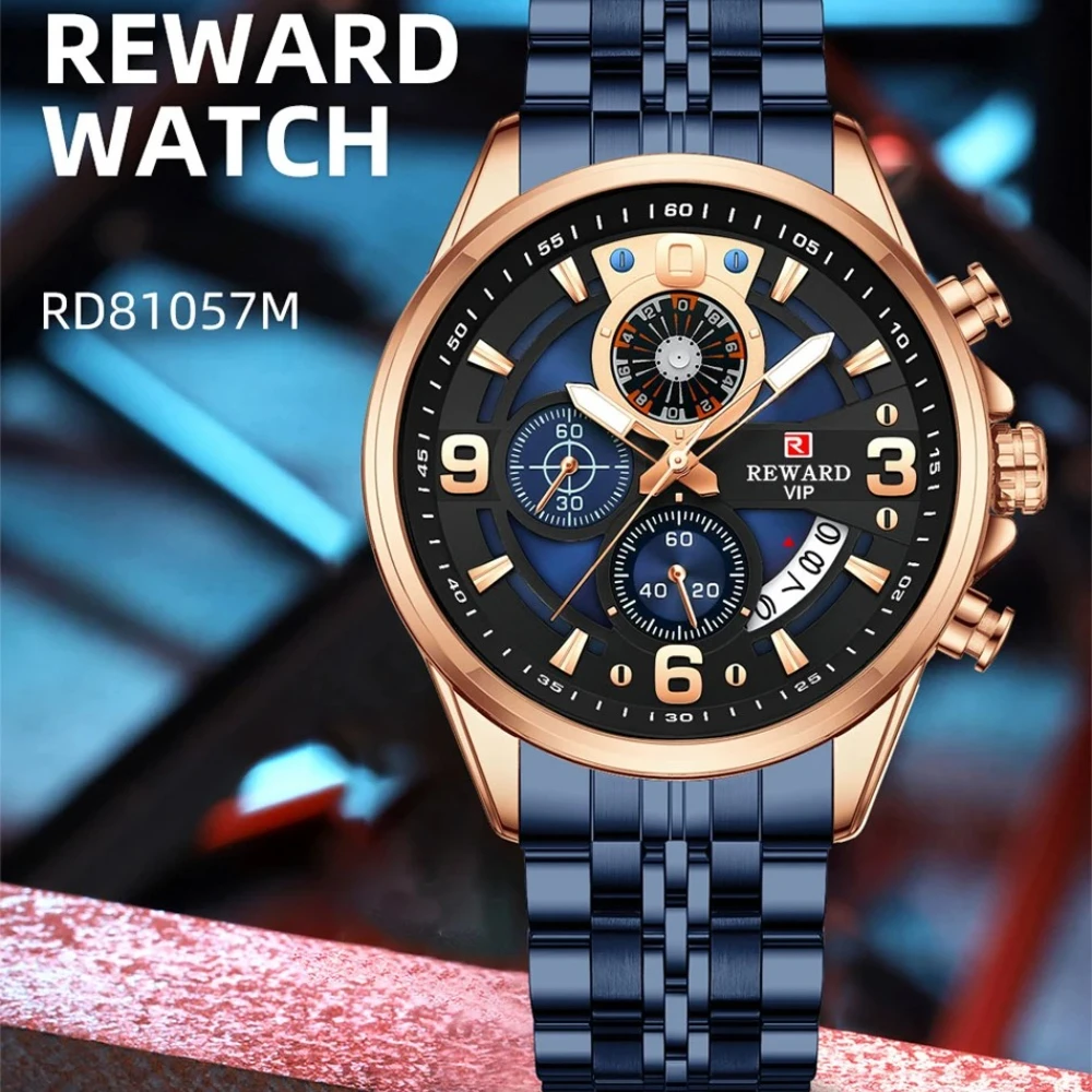 REWARD 81057M Luxury Steel Strip Quartz Men's Watch Multi Functional Calendar Luminous Waterproof Chronograph Watches for Men