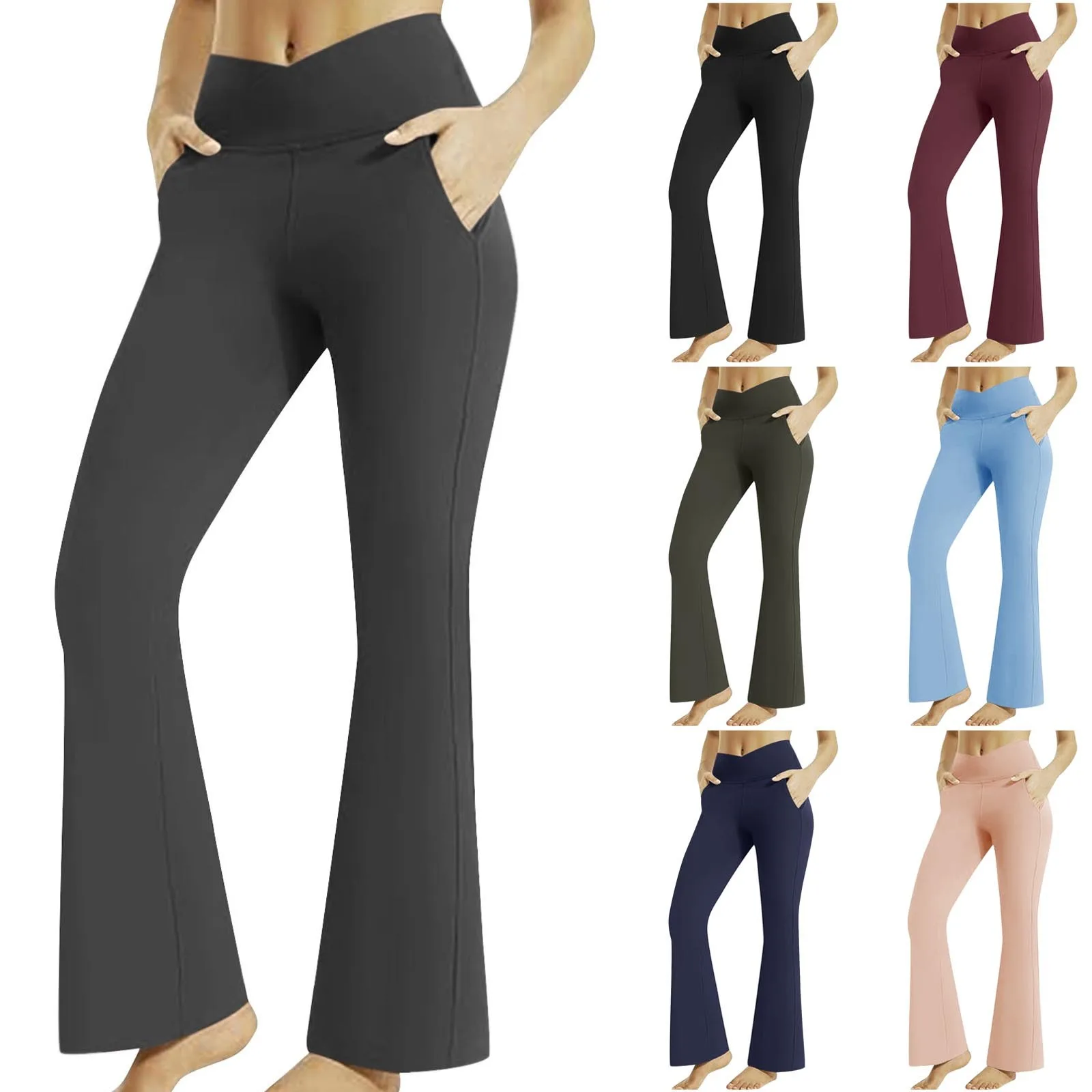 Womens Yoga Trousers Casual Stretch Solid Color All-Match Leggings Gym Fitness Running Sports Flared Trousers With Pockets