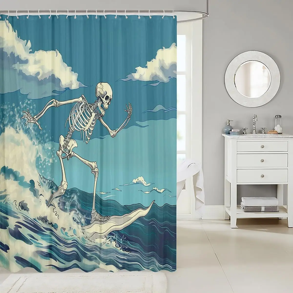 Decorative Skeleton Surfing Shower Curtain for Modern Bathroom Gothic Pool Ocean Coastal Halloween Unique Novelty Curtain
