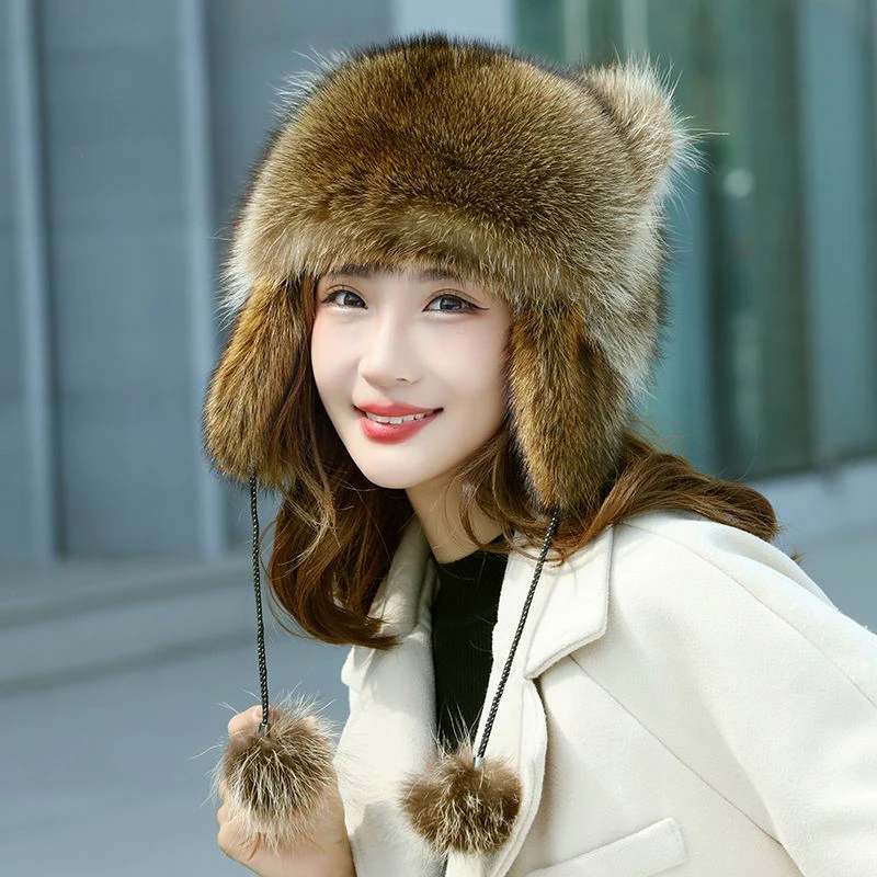 Gorro de piel de mapache auténtica para mujer, gorros de piel de mapache Natural Ushanka, orejas gruesas y cálidas, gorro de bombardero con pompones, moda de invierno