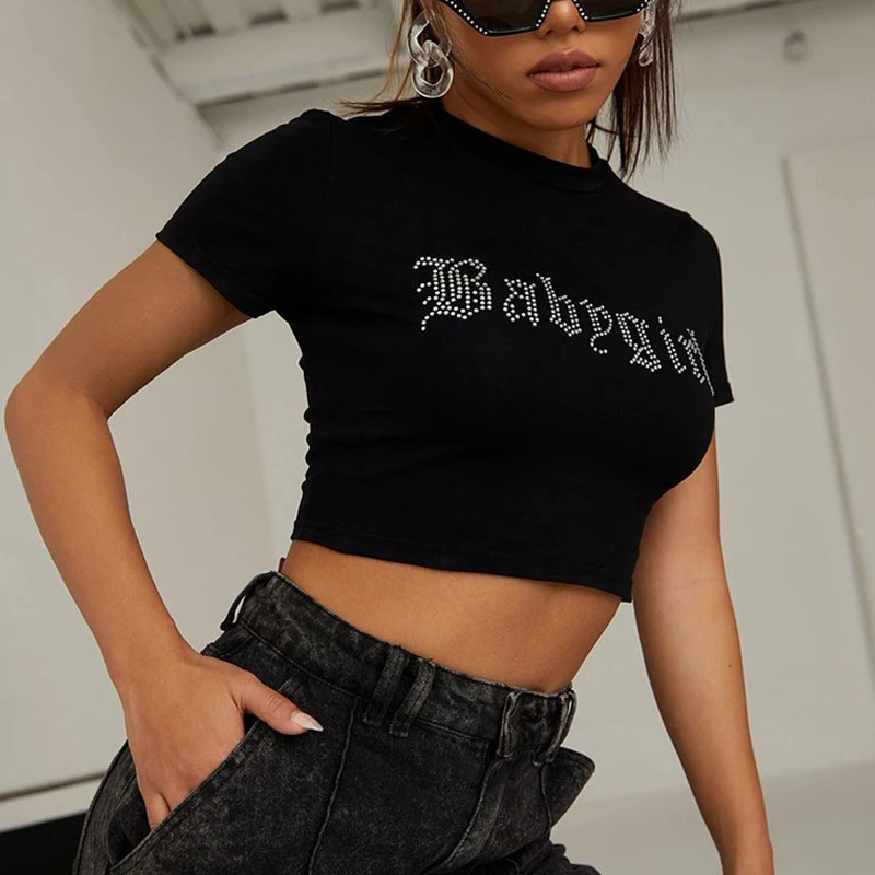 Rhinestone Punk Vintage Baby Girl Letters T-shirt Black Gothic Y2k Clothes Summer Tops Harajuku Short Sleeve Crop Tops Baby Tees