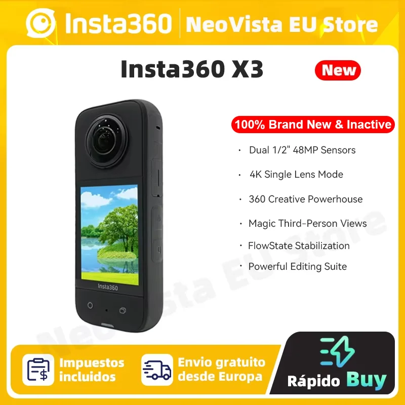 Insta360 X3-Cámara de Acción impermeable 360, con sensores de 1/2 "y 48MP, vídeo 5,7 K 360 activo HDR, foto 360 de 72MP, lente única 4K