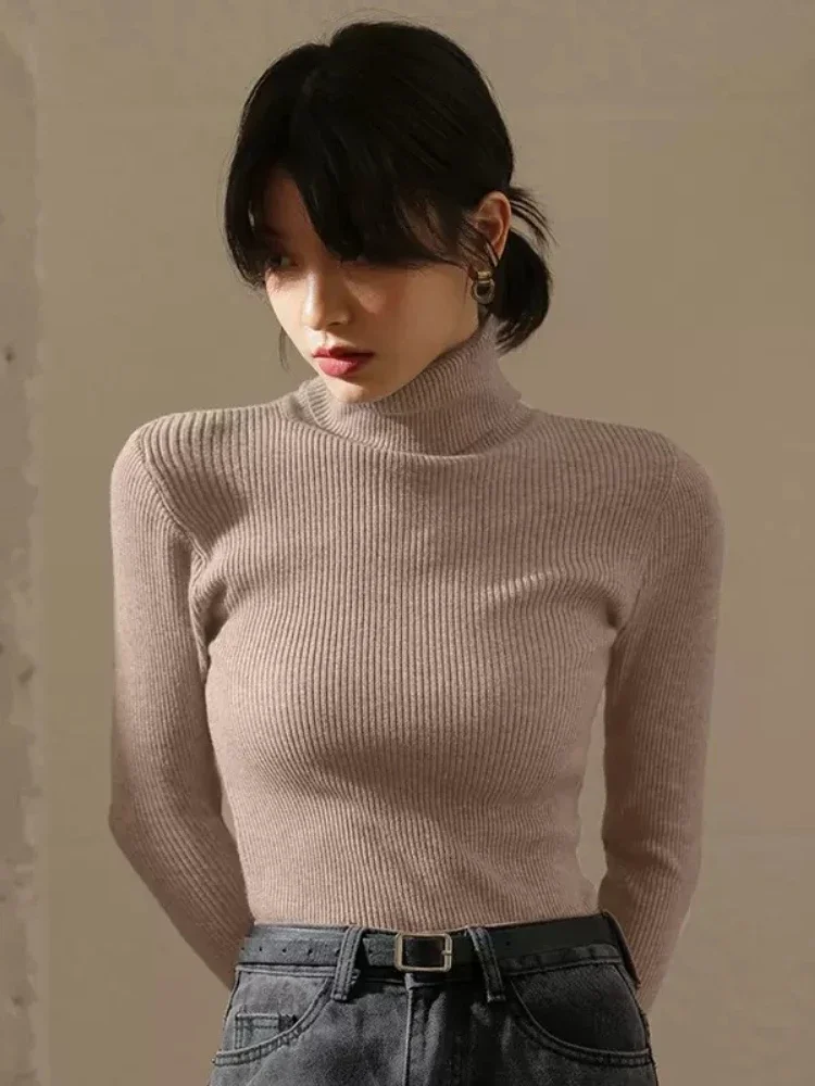 

2025 Korean Version Slim Long Sleeve Solid Simple Basic Knit Pullovers Knitted Turtleneck Women's Sweater Autumn Winter Clothes